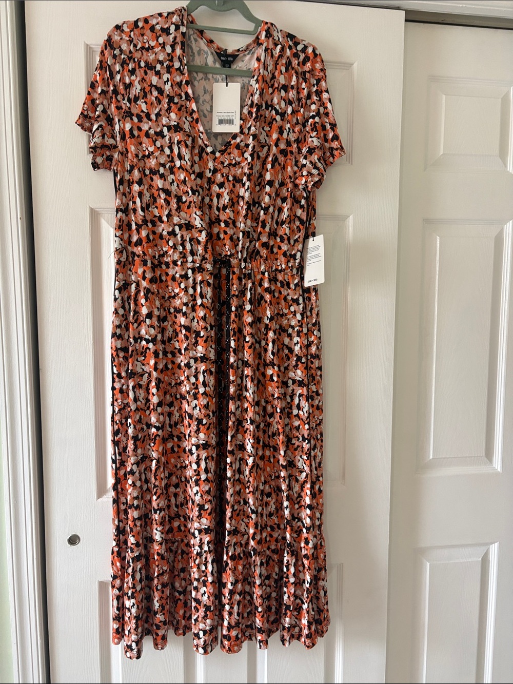 Women's Orange Print Short-Sleeve Midi Dress